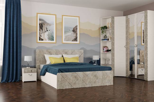 Кровать 1600 с подъёмным ортопедическим основанием и двумя тумбочками Амели 11.31 цвет шёлковый камень/бетон чикаго беж