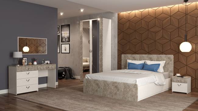 Кровать 1600 с подъёмным ортопедическим основанием и тумбочкой Амели 11.31 цвет шёлковый камень/бетон чикаго беж