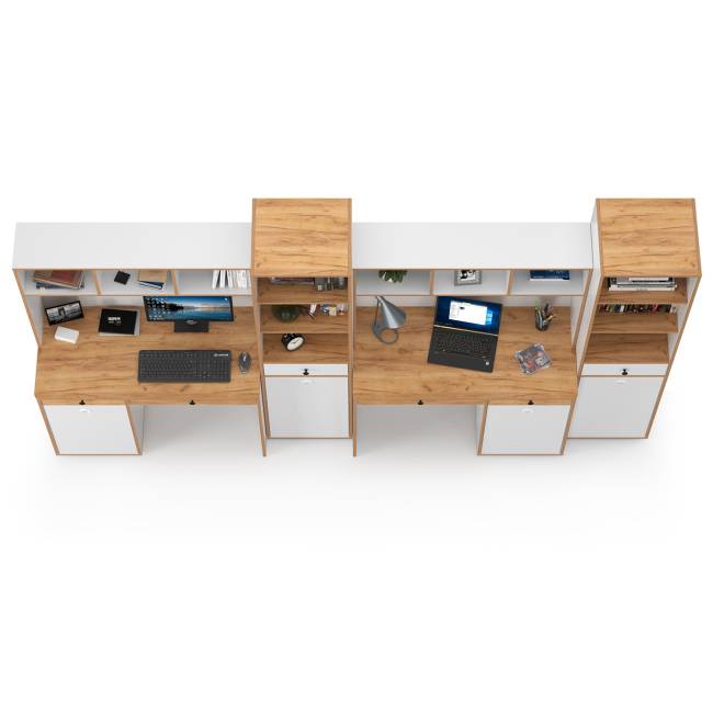 Мебельная стенка в молодёжную комнату для двоих детей Вуди № 17 цвет белый премиум/дуб крафт золотой