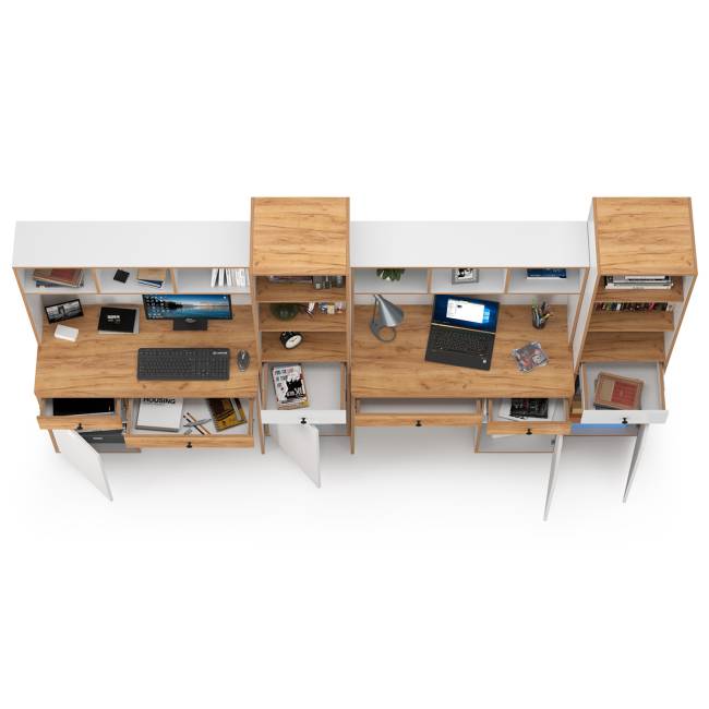 Мебельная стенка в молодёжную комнату для двоих детей Вуди № 17 цвет белый премиум/дуб крафт золотой