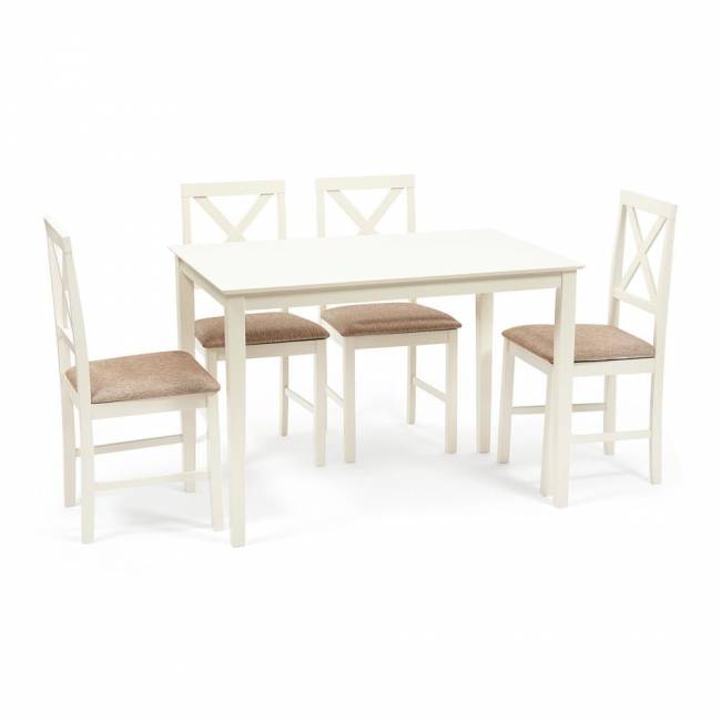 Обеденный комплект Хадсон (стол + 4 стула)/ Hudson Dining Set дерево гевея/мдф, стол: 110х70х75см / стул: 44х42х89см, ivory white (слоновая кость), ткань кор.-зол ivory white (слоновая кость) дерево гевея/мдф