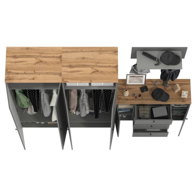 Комод четыре ящика с настенной вешалкой и двумя платяными шкафами Остин цвет серый графит/дуб крафт золотой Комод четыре ящика с настенной вешалкой и двумя платяными шкафами Остин цвет серый графит/дуб крафт золотой