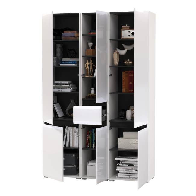 Два шкафа Сидней с дверками и один шкаф Сидней с ящиком цвет белый/чёрный/МДФ белый глянец