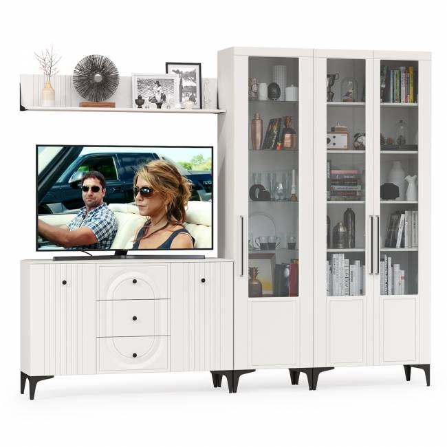 Комод для ТВ-аппаратуры с навесной полкой и широкий сервант Валенсия цвет белый шагрень Комод для ТВ-аппаратуры с навесной полкой и широкий сервант Валенсия цвет белый шагрень
