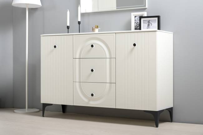 Комод для ТВ-аппаратуры с навесной полкой и широкий сервант Валенсия цвет белый шагрень Комод для ТВ-аппаратуры с навесной полкой и широкий сервант Валенсия цвет белый шагрень