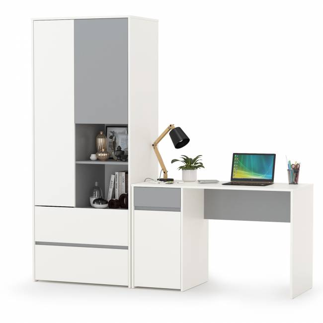 Стол рабочий со шкафом для одежды Торонто цвет белый шагрень/стальной серый