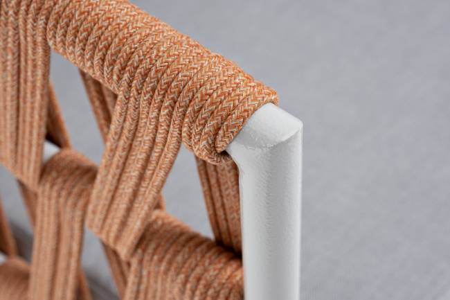 "Диего" кресло плетеное из роупа, каркас алюминий светло-серый (RAL7035) муар, роуп оранжевый меланж круглый, ткань светло-серая "Диего" кресло плетеное из роупа, каркас алюминий светло-серый (RAL7035) муар, роуп оранжевый меланж круглый, ткань светло-серая