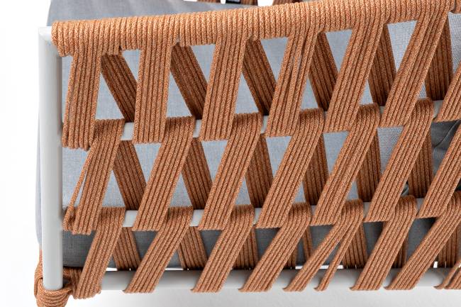 "Диего" кресло плетеное из роупа, каркас алюминий светло-серый (RAL7035) муар, роуп оранжевый меланж круглый, ткань светло-серая "Диего" кресло плетеное из роупа, каркас алюминий светло-серый (RAL7035) муар, роуп оранжевый меланж круглый, ткань светло-серая