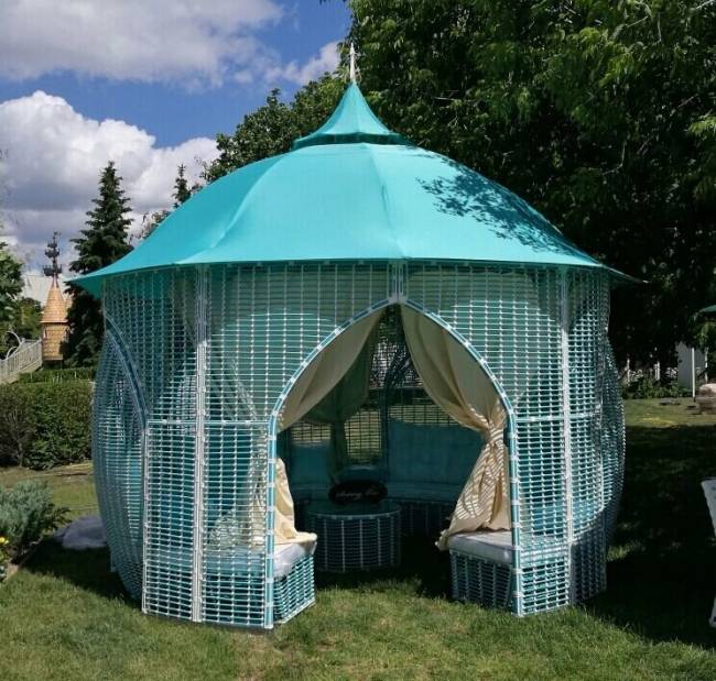 Павильон со встроенными диванами "Восток", плетеный, бирюзовый