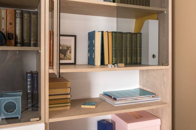 Стенка для домашнего офиса Бостон № 40 цвет дуб эндгрейн элегантный/фасады МДФ милк рикамо софт