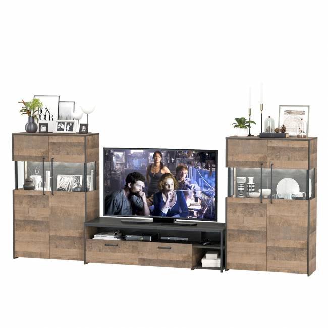 Две тумбы-витрины с подсветкой и с тумбой для телевизора Трувор цвет дуб гранж песочный/интра Две тумбы-витрины с подсветкой и с тумбой для телевизора Трувор цвет дуб гранж песочный/интра