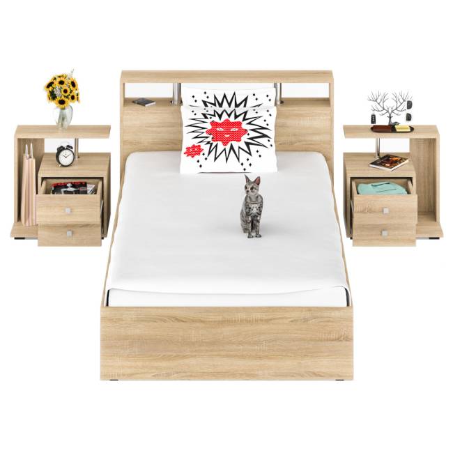 Кровать 1400 Камелия + две тумбы цвет дуб сонома