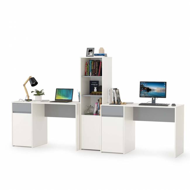 Два письменных стола и открытый стеллаж Торонто цвет белый шагрень/стальной серый