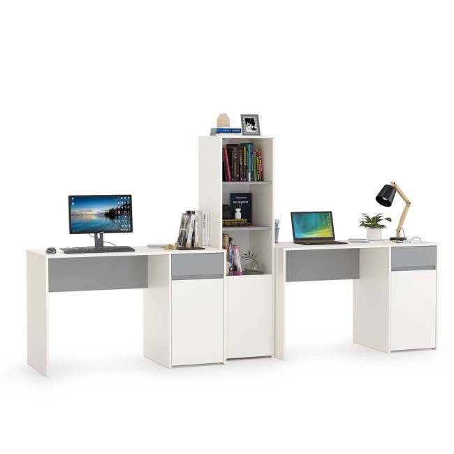 Два письменных стола и открытый стеллаж Торонто цвет белый шагрень/стальной серый