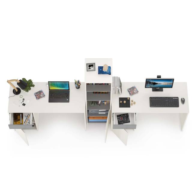 Два письменных стола и открытый стеллаж Торонто цвет белый шагрень/стальной серый