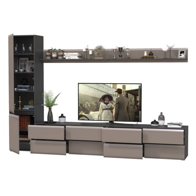 Две тумбы для телевизора с двумя верхними полочками и шкаф с дверками Сидней цвет антрацит/МДФ веллюто капучино Две тумбы для телевизора с двумя верхними полочками и шкаф с дверками Сидней цвет антрацит/МДФ веллюто капучино
