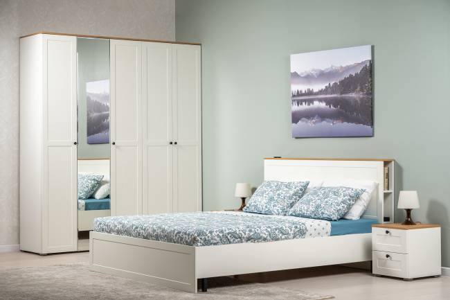 Двуспальная кровать Остин 1600 с ортопедическим основанием цвет белый шагрень/дуб крафт золотой