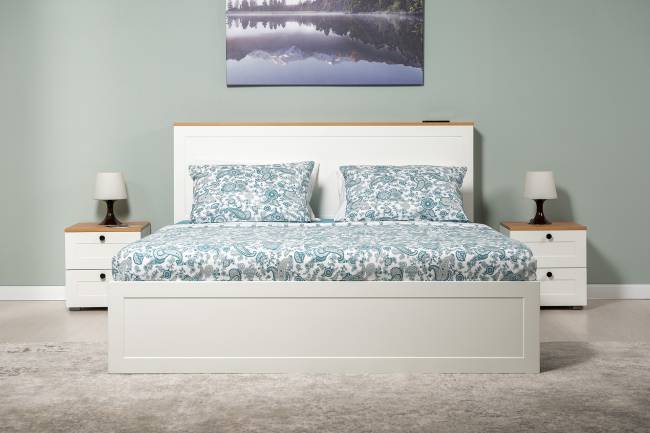 Двуспальная кровать Остин 1600 с ортопедическим основанием цвет белый шагрень/дуб крафт золотой