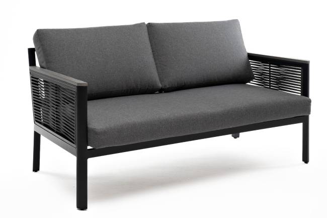 "Сан Ремо" диван 2-местный плетеный из роупа, каркас алюминий темно-серый, роуп серый, ткань серая "Сан Ремо" диван 2-местный плетеный из роупа, каркас алюминий темно-серый, роуп серый, ткань серая