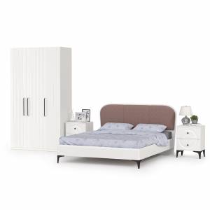 3-х дверный шкаф с кроватью с мягкой спинкой Валенсия 1600 и двумя тумбочками цвет белый шагрень/ткань велутто 19