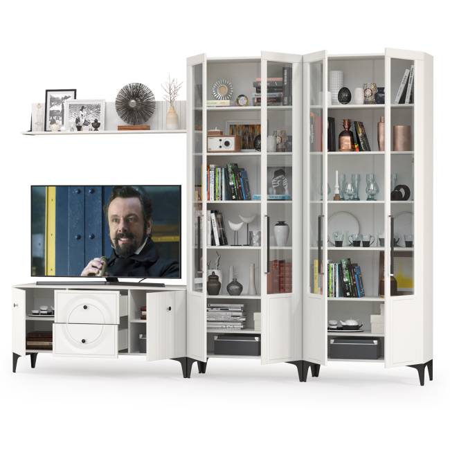 Большая стенка для ТВ-аппаратуры Валенсия № 64 цвет белый шагрень Большая стенка для ТВ-аппаратуры Валенсия № 64 цвет белый шагрень