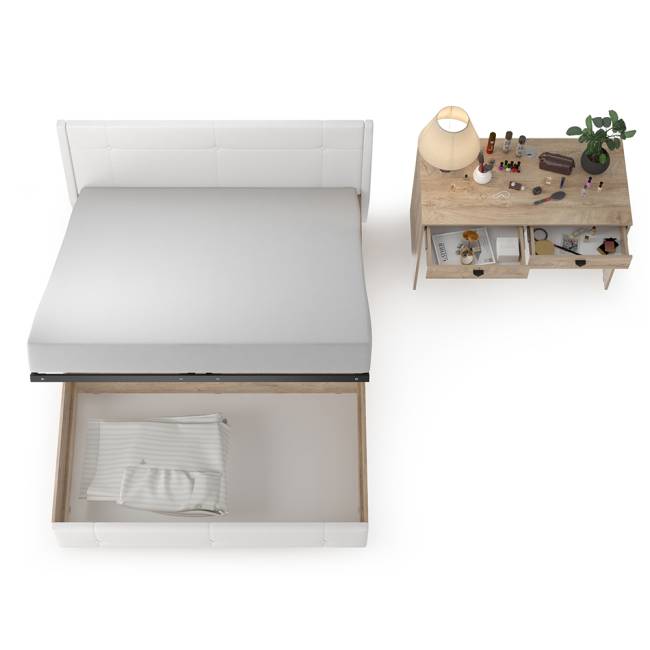Кровать Муссон с подъёмным основанием и туалетным столиком цвет дуб эндгрейн элегантный/искусственная кожа белая Кровать Муссон с подъёмным основанием и туалетным столиком цвет дуб эндгрейн элегантный/искусственная кожа белая