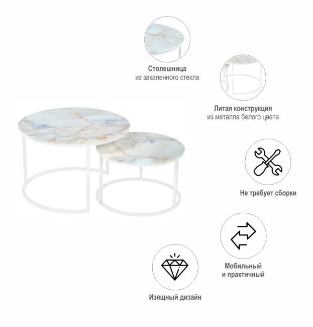 Набор кофейных столиков Tango бежевый мрамор с белыми ножками, 2шт RF 0352 Набор кофейных столиков Tango бежевый мрамор с белыми ножками, 2шт RF 0352