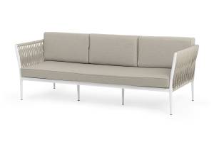 "Касабланка" диван 3-местный плетеный из роупа, каркас алюминий белый муар, роуп бежевый 20мм, ткань бежевая 052 "Касабланка" диван 3-местный плетеный из роупа, каркас алюминий белый муар, роуп бежевый 20мм, ткань бежевая 052