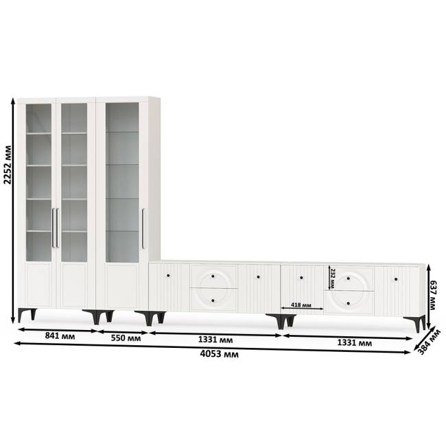 Две тумбы для аппаратуры и шкаф с тремя дверками стекло Валенсия цвет белый шагрень