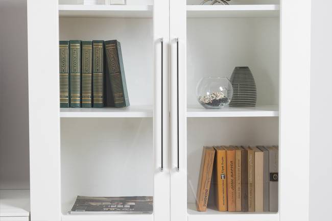 Две тумбы для аппаратуры и шкаф с тремя дверками стекло Валенсия цвет белый шагрень